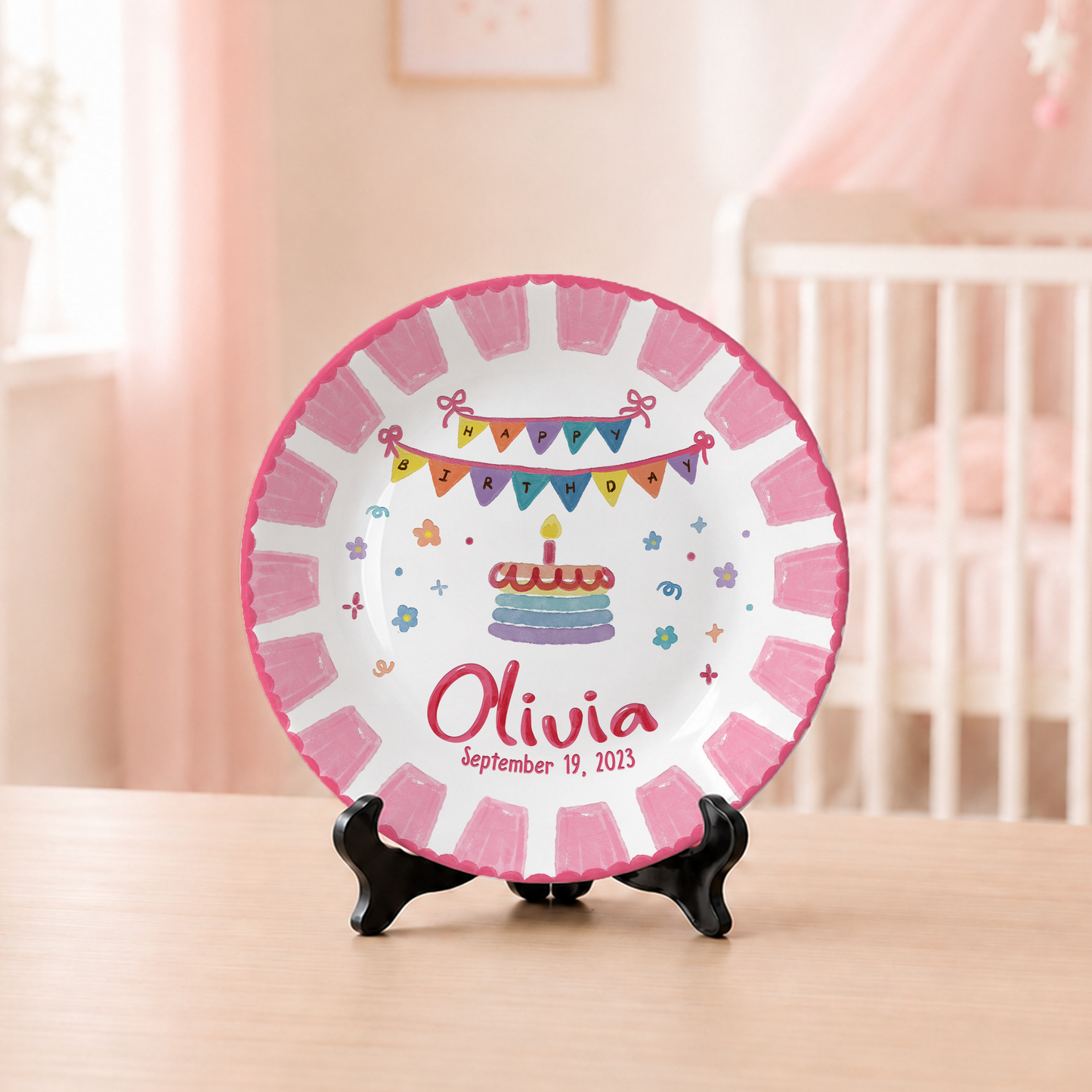 Pink Banner Cake Personalized Birthday Plate P526VNQ0