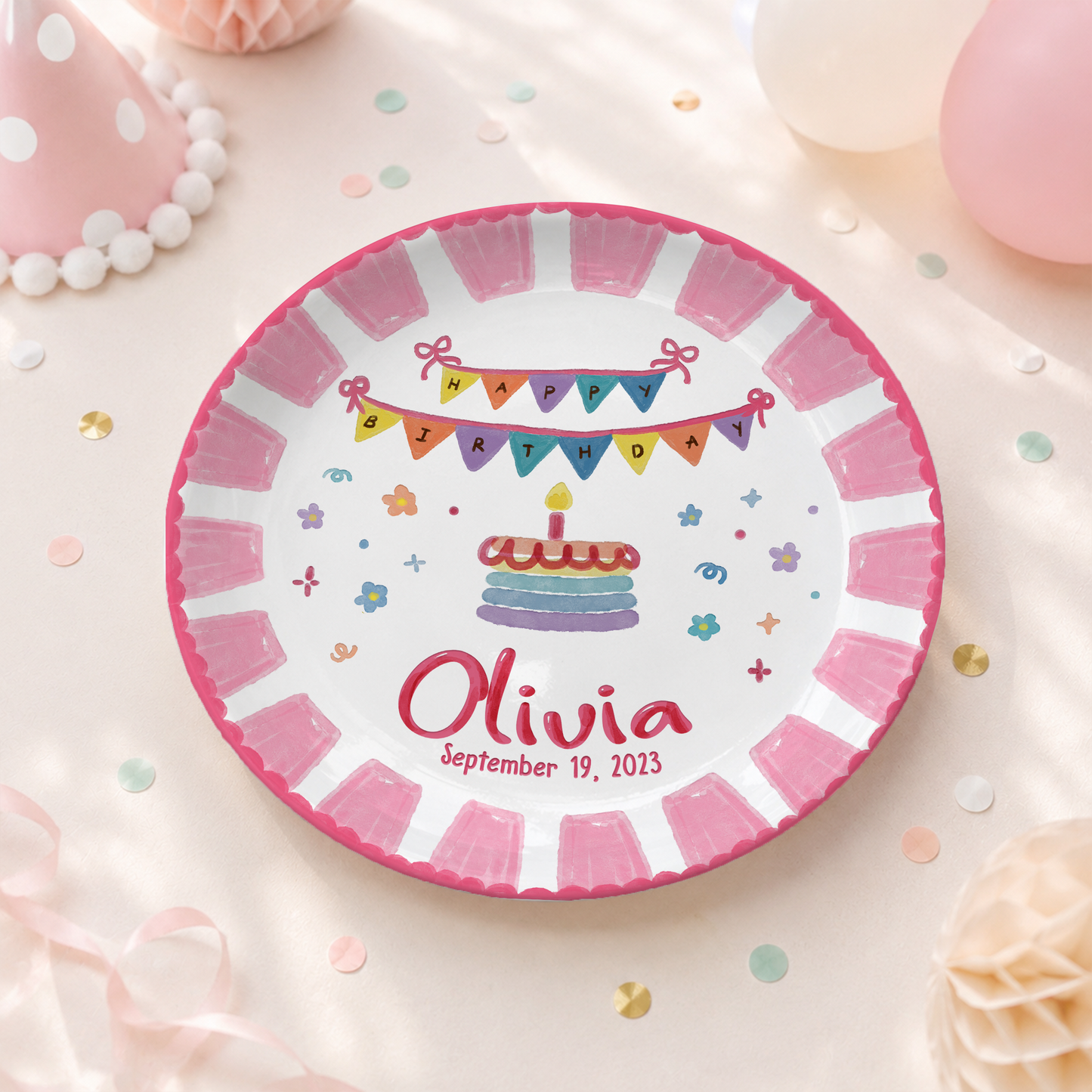 Pink Banner Cake Personalized Birthday Plate P526VNQ0