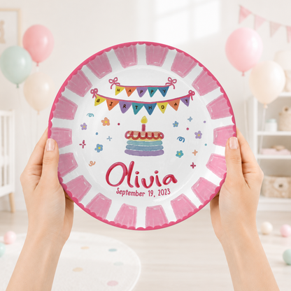 Pink Banner Cake Personalized Birthday Plate P526VNQ0