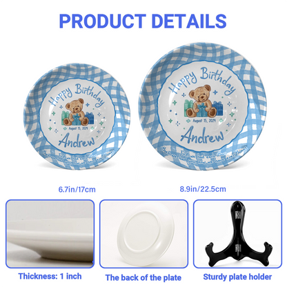 Blue Teddy Bear Birthday Keepsake Personalized Birthday Plate for Baby Boy P625FJ00