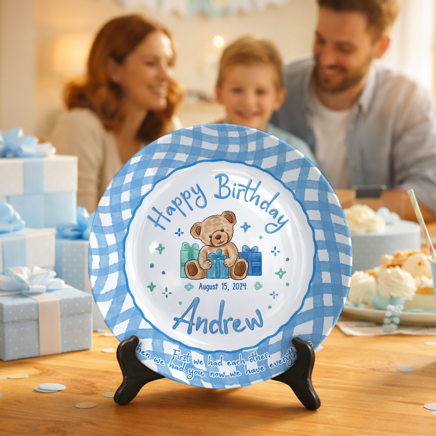Blue Teddy Bear Birthday Keepsake Personalized Birthday Plate for Baby Boy P625FJ00