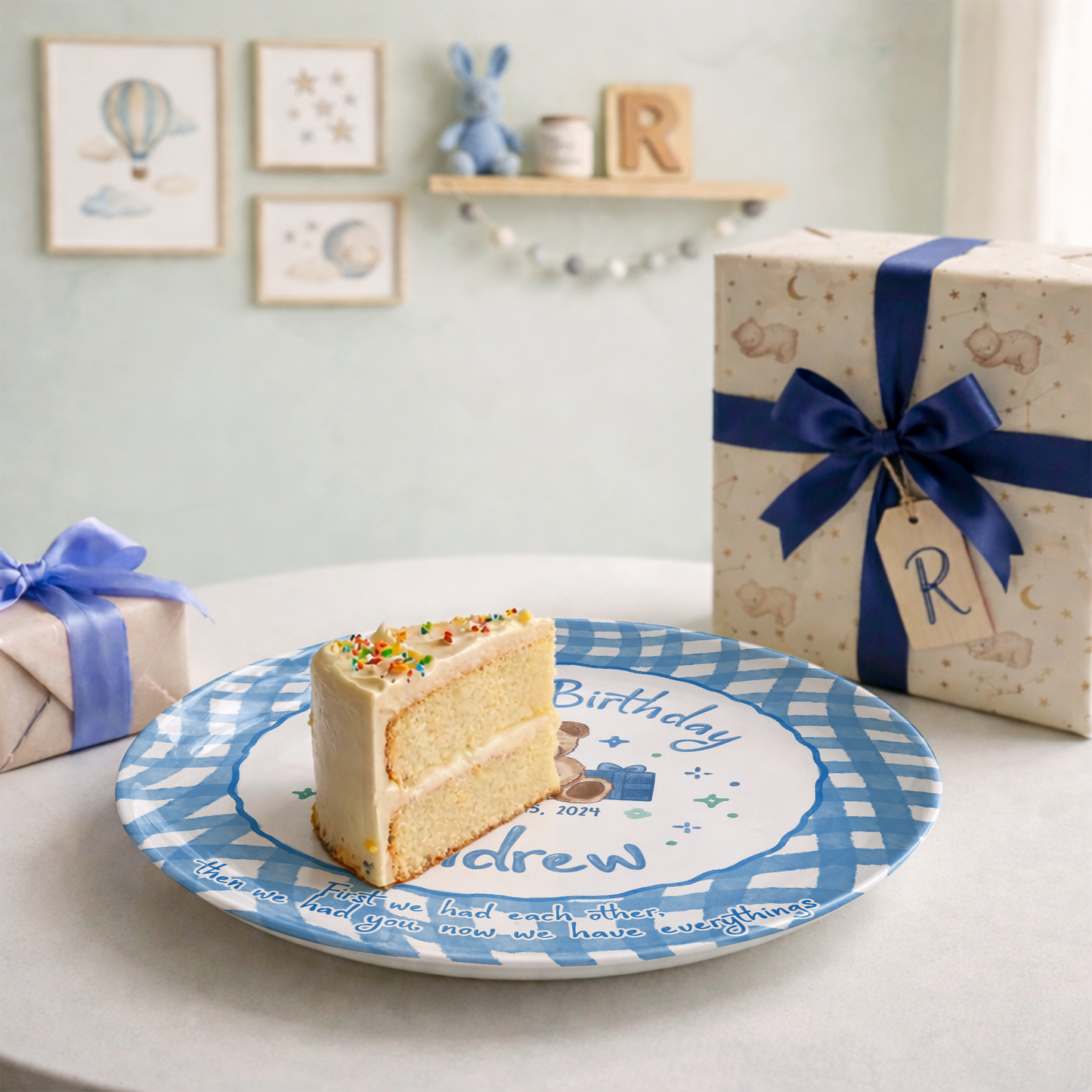 Blue Teddy Bear Birthday Keepsake Personalized Birthday Plate for Baby Boy P625FJ00