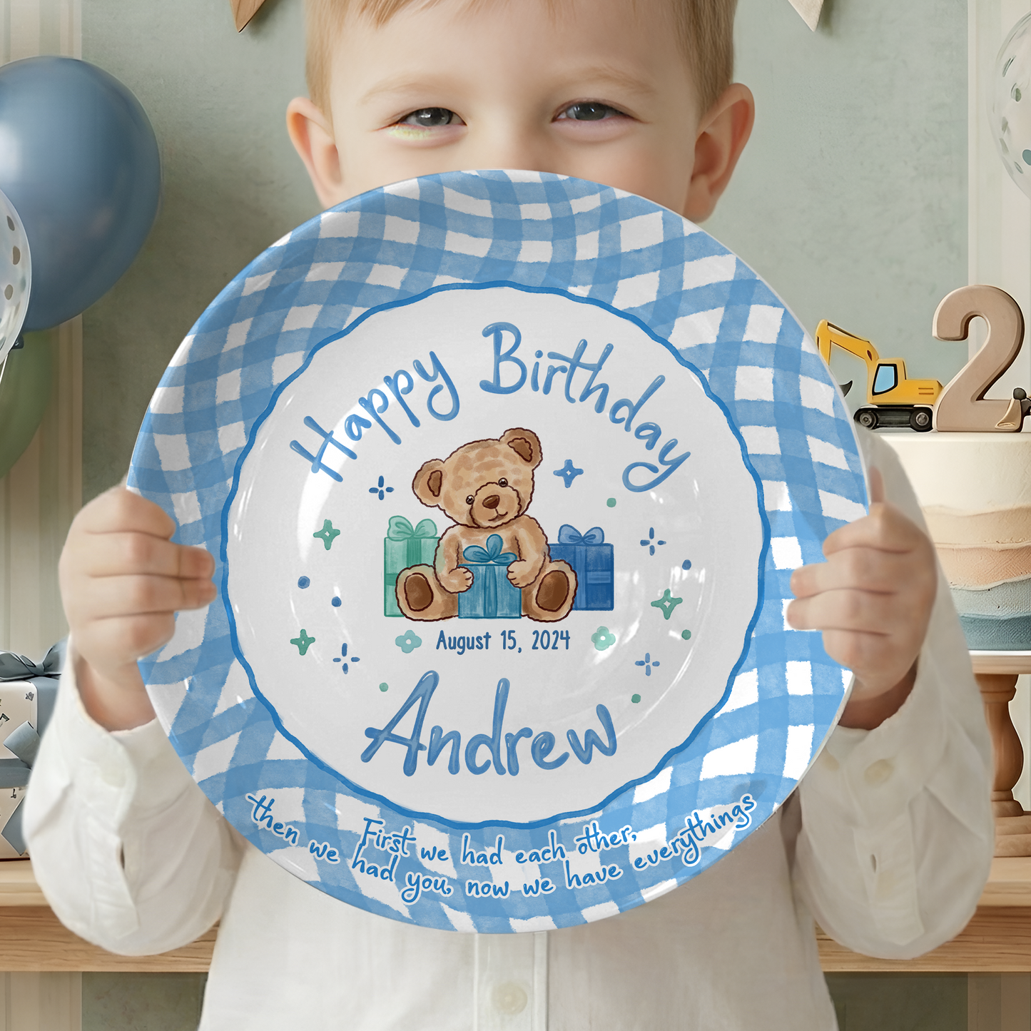 Blue Teddy Bear Birthday Keepsake Personalized Birthday Plate for Baby Boy P625FJ00