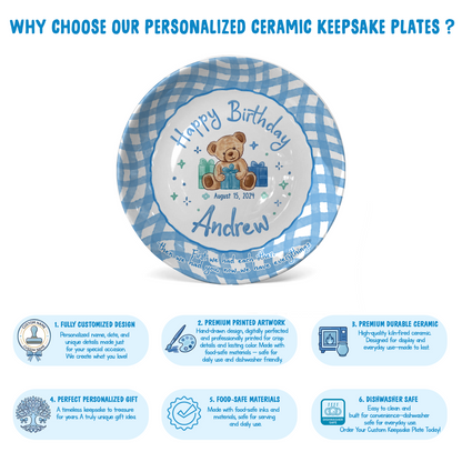 Blue Teddy Bear Birthday Keepsake Personalized Birthday Plate for Baby Boy P625FJ00