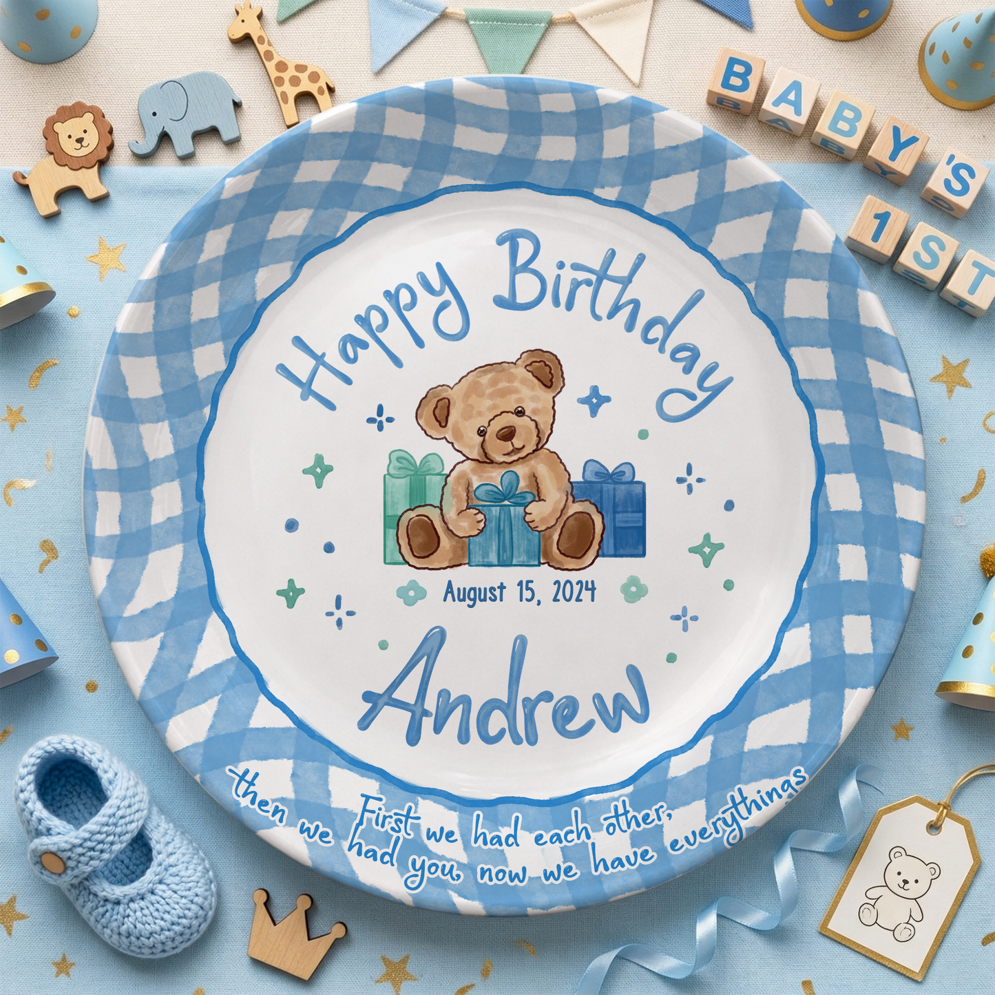 Blue Teddy Bear Birthday Keepsake Personalized Birthday Plate for Baby Boy P625FJ00