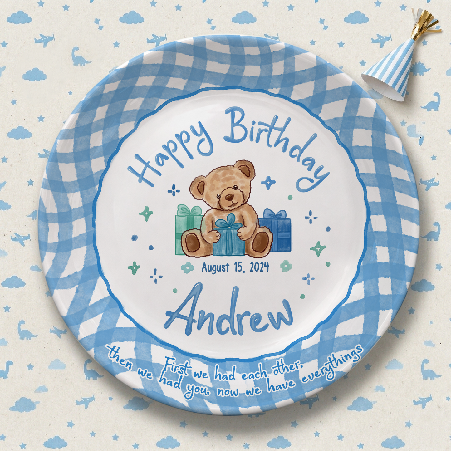 Blue Teddy Bear Birthday Keepsake Personalized Birthday Plate for Baby Boy P625FJ00