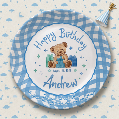 Blue Teddy Bear Birthday Keepsake Personalized Birthday Plate for Baby Boy P625FJ00