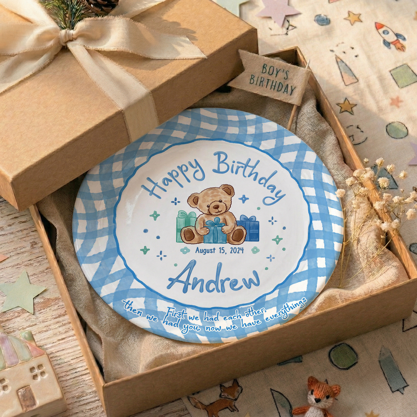Blue Teddy Bear Birthday Keepsake Personalized Birthday Plate for Baby Boy P625FJ00