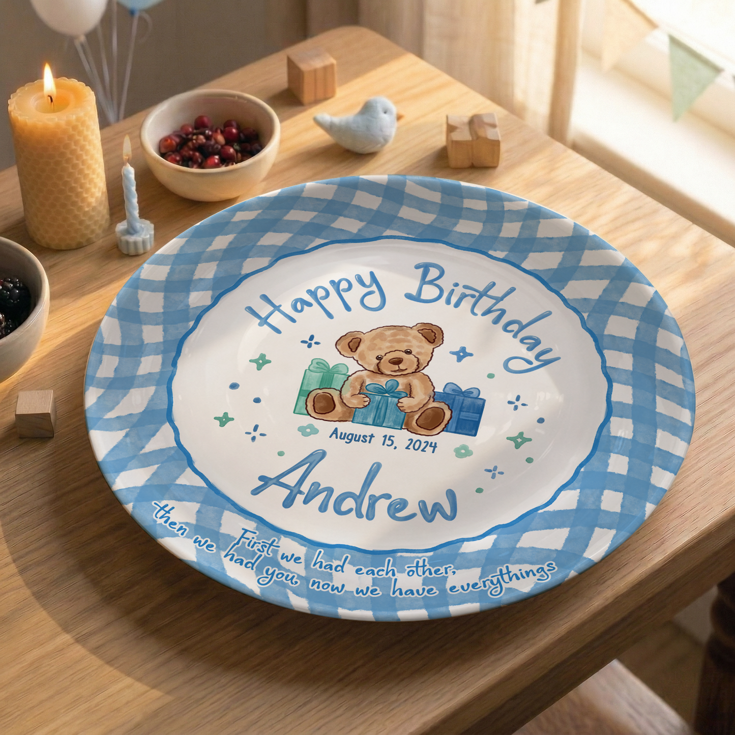 Blue Teddy Bear Birthday Keepsake Personalized Birthday Plate for Baby Boy P625FJ00