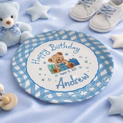 Blue Teddy Bear Birthday Keepsake Personalized Birthday Plate for Baby Boy P625FJ00