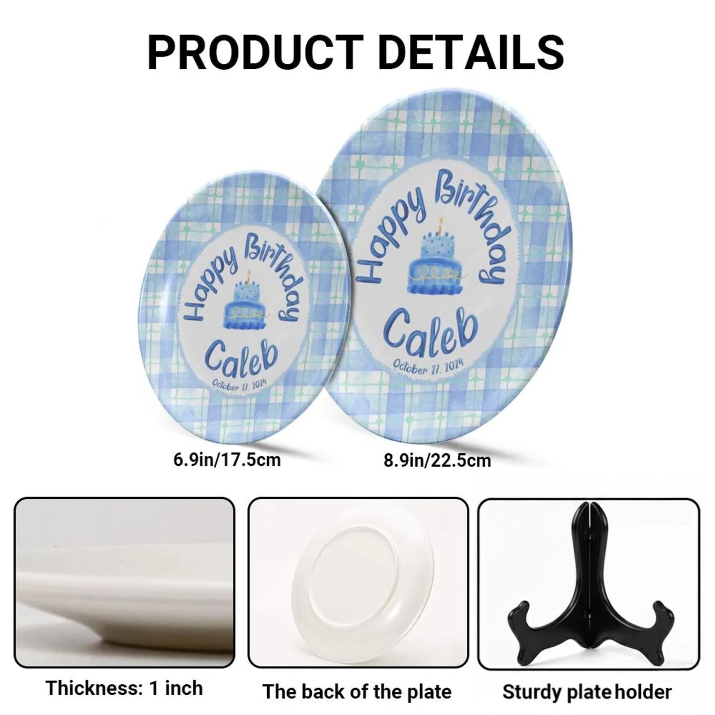 Blue Plaid Border and Cake Personalized Birthday Plate P625QCO0