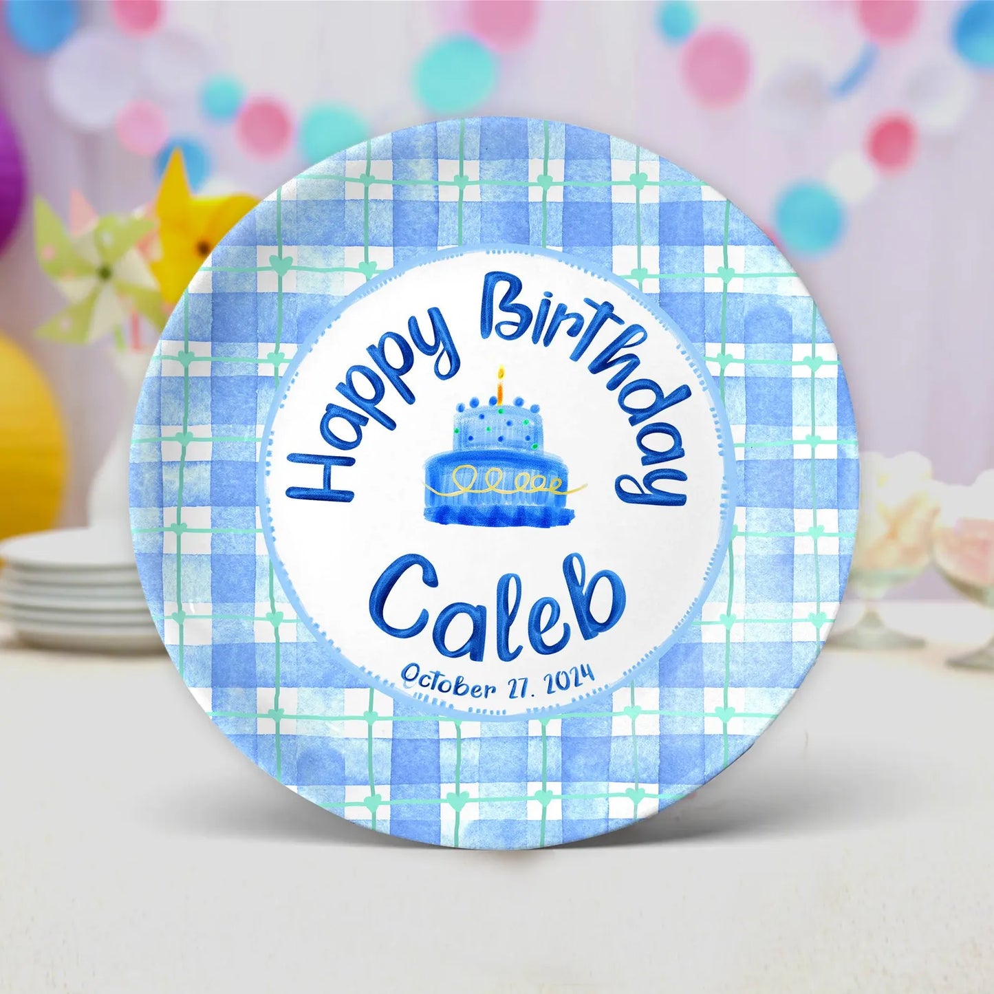 Blue Plaid Border and Cake Personalized Birthday Plate P625QCO0