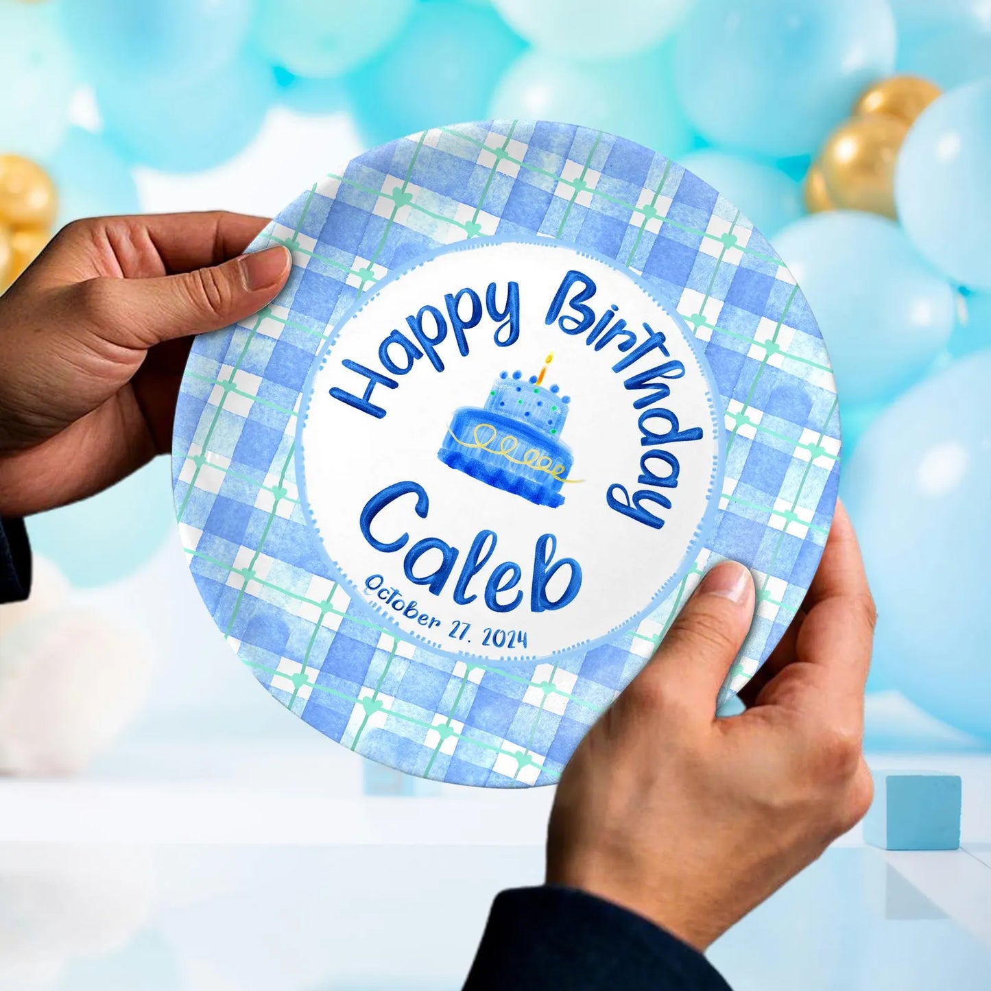 Blue Plaid Border and Cake Personalized Birthday Plate P625QCO0