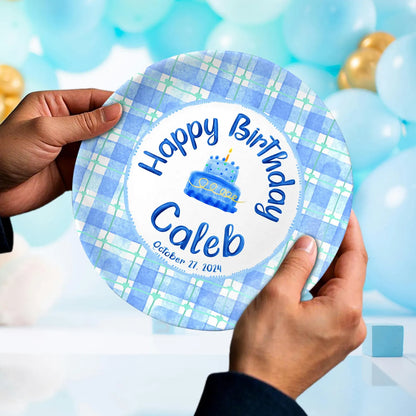Blue Plaid Border and Cake Personalized Birthday Plate P625QCO0