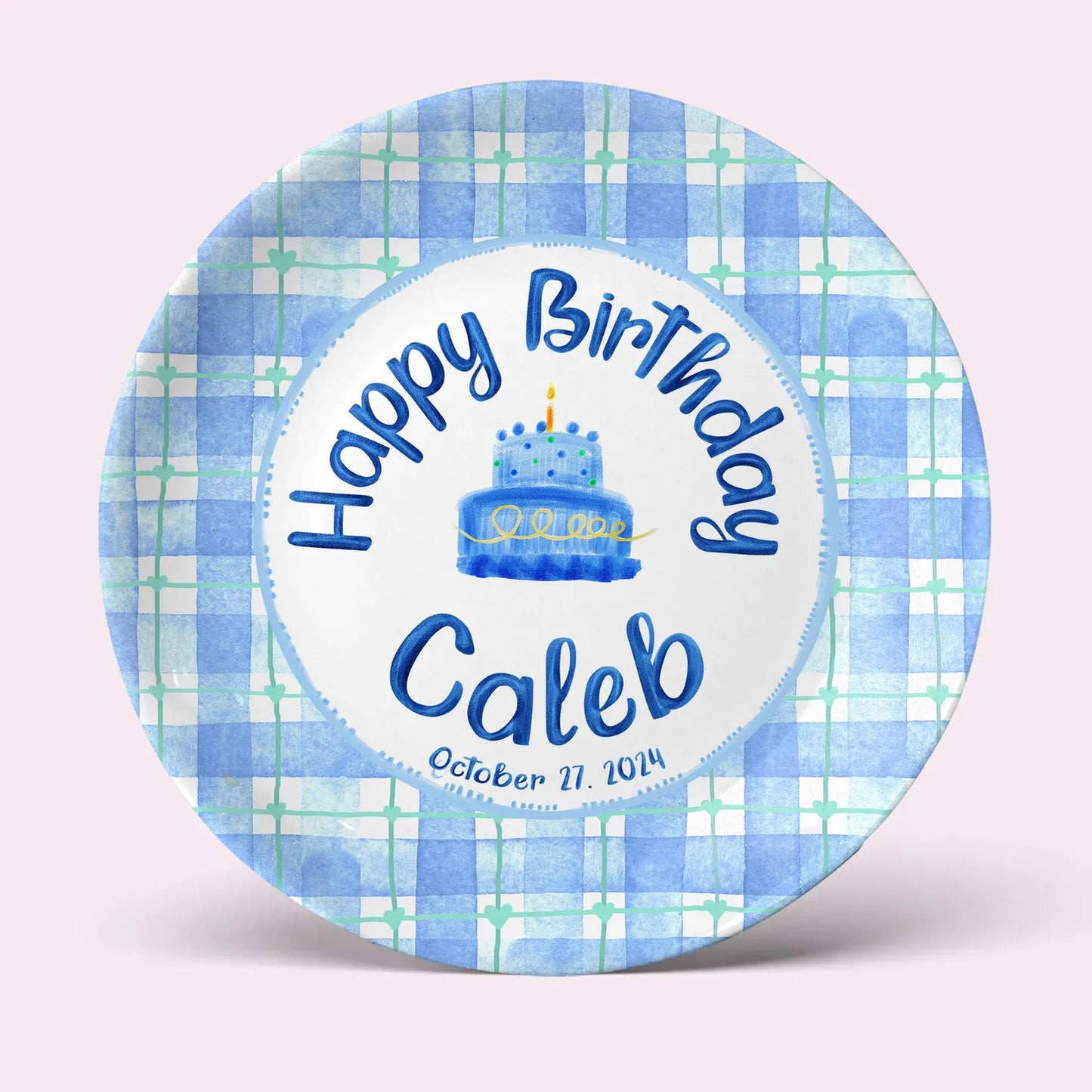 Blue Plaid Border and Cake Personalized Birthday Plate P625QCO0