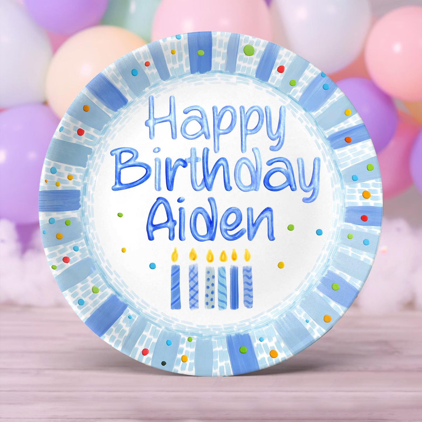 Blue Candles and Colorful Confetti Personalized Birthday Plate P625SOG0