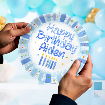 Blue Candles and Colorful Confetti Personalized Birthday Plate P625SOG0