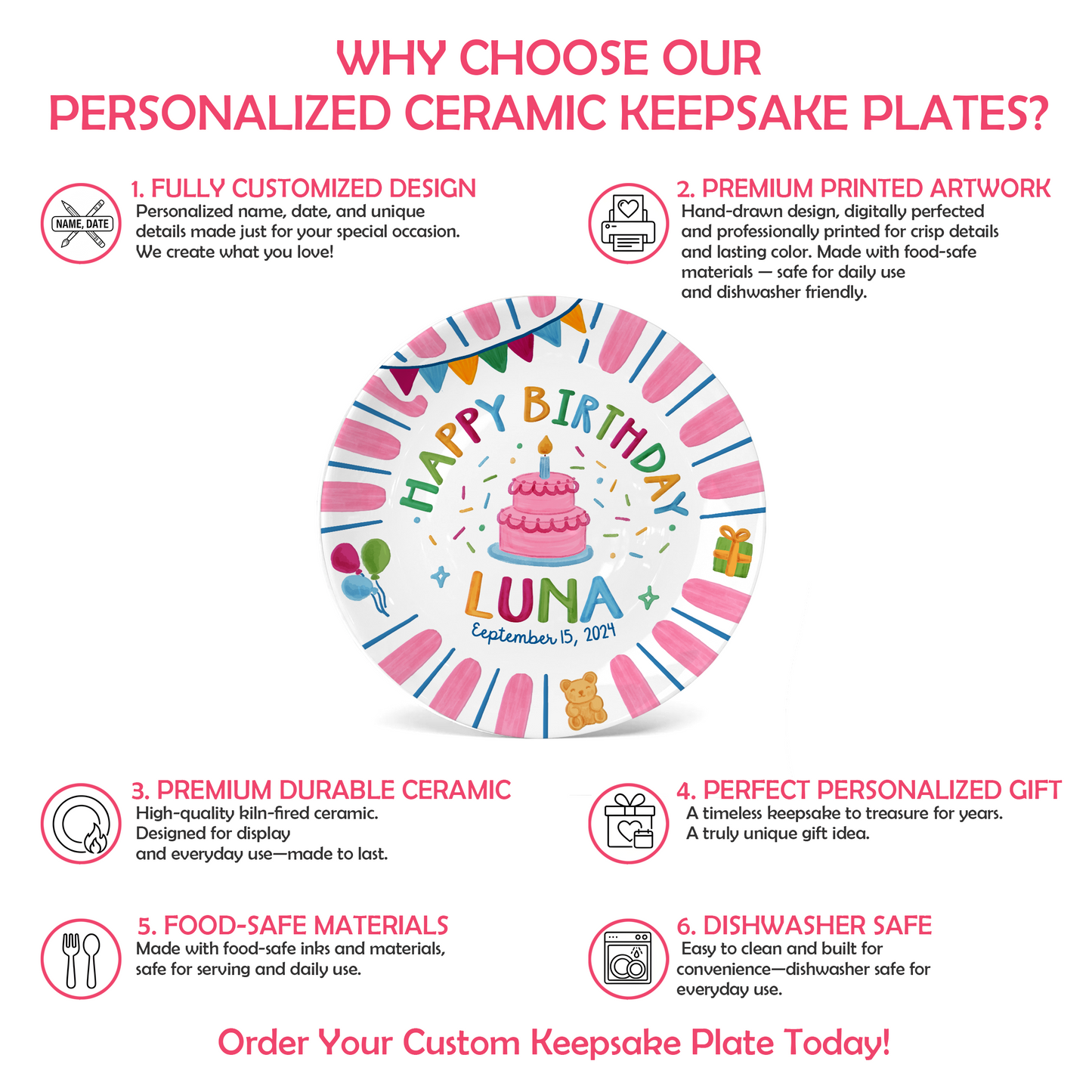 Pink Birthday Party Keepsake Personalized Birthday Plate for Girls P625UHF0