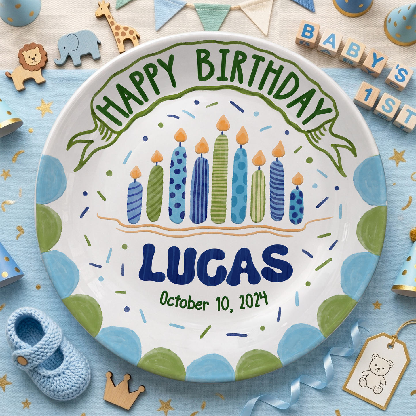 Blue Birthday Candles Keepsake Personalized Birthday Plate P626I8LTT