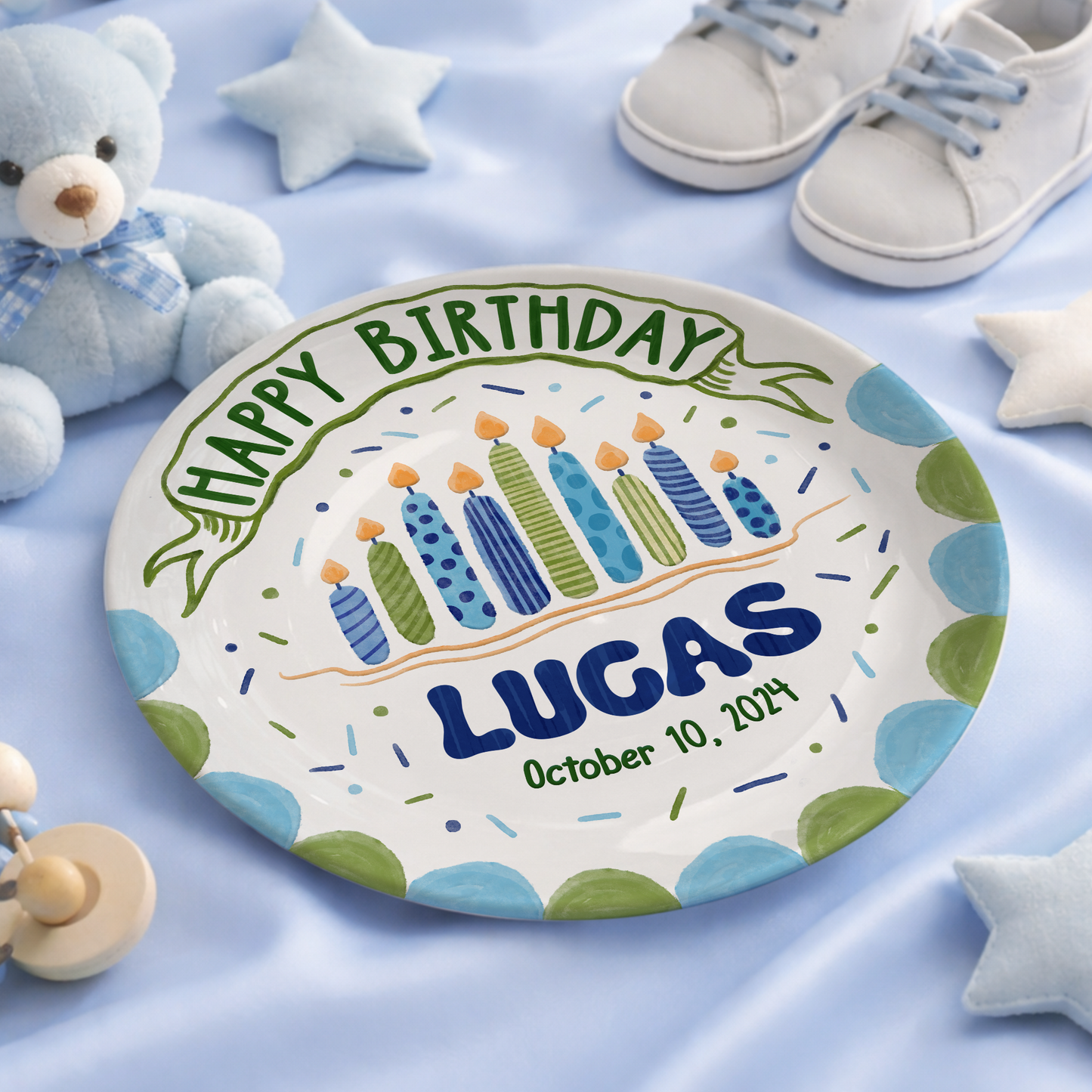 Blue Birthday Candles Keepsake Personalized Birthday Plate P626I8LTT