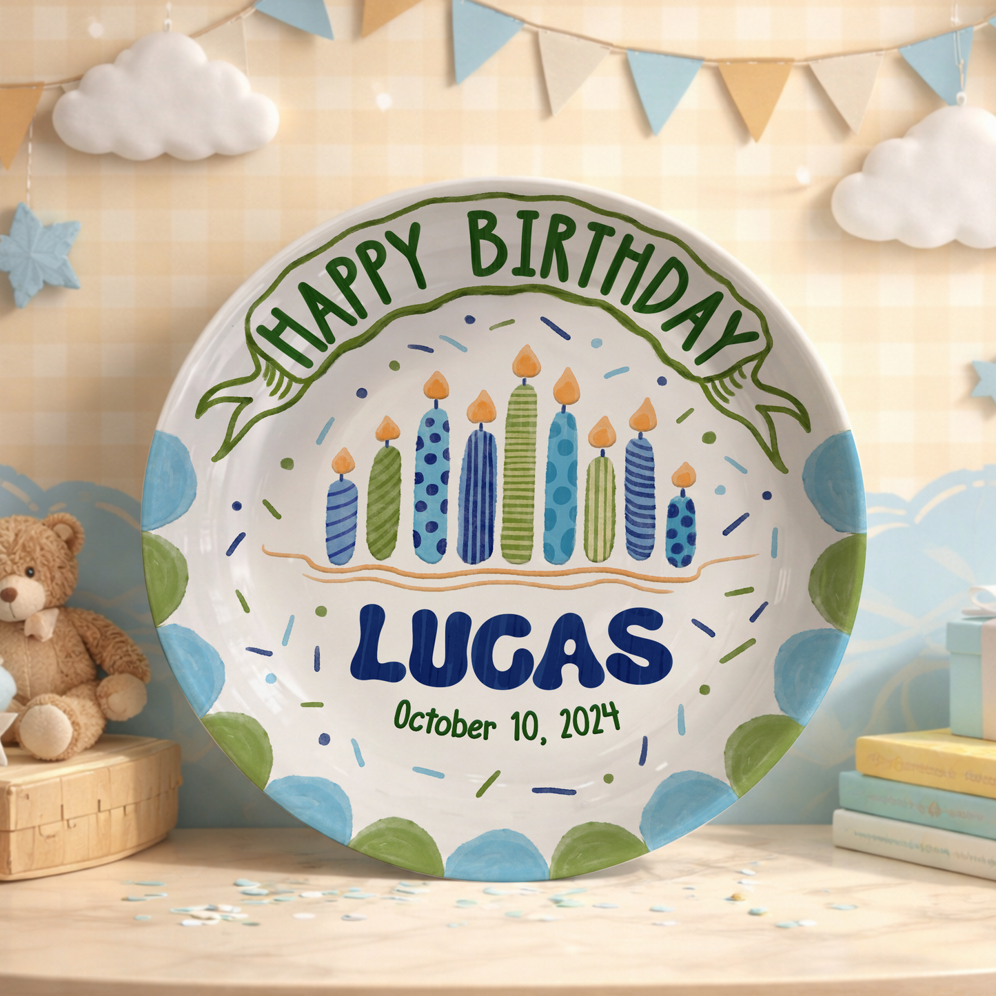 Blue Birthday Candles Keepsake Personalized Birthday Plate P626I8LTT