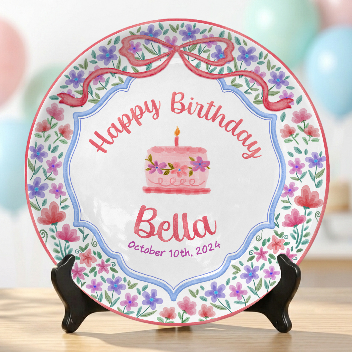 Elegant Floral Bow Birthday Personalized Birthday Plate for Girls P810XZY0