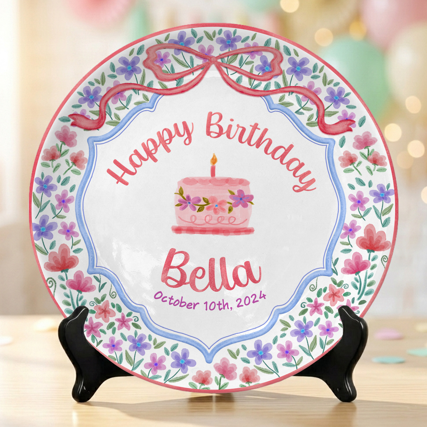 Elegant Floral Bow Birthday Personalized Birthday Plate for Girls P810XZY0