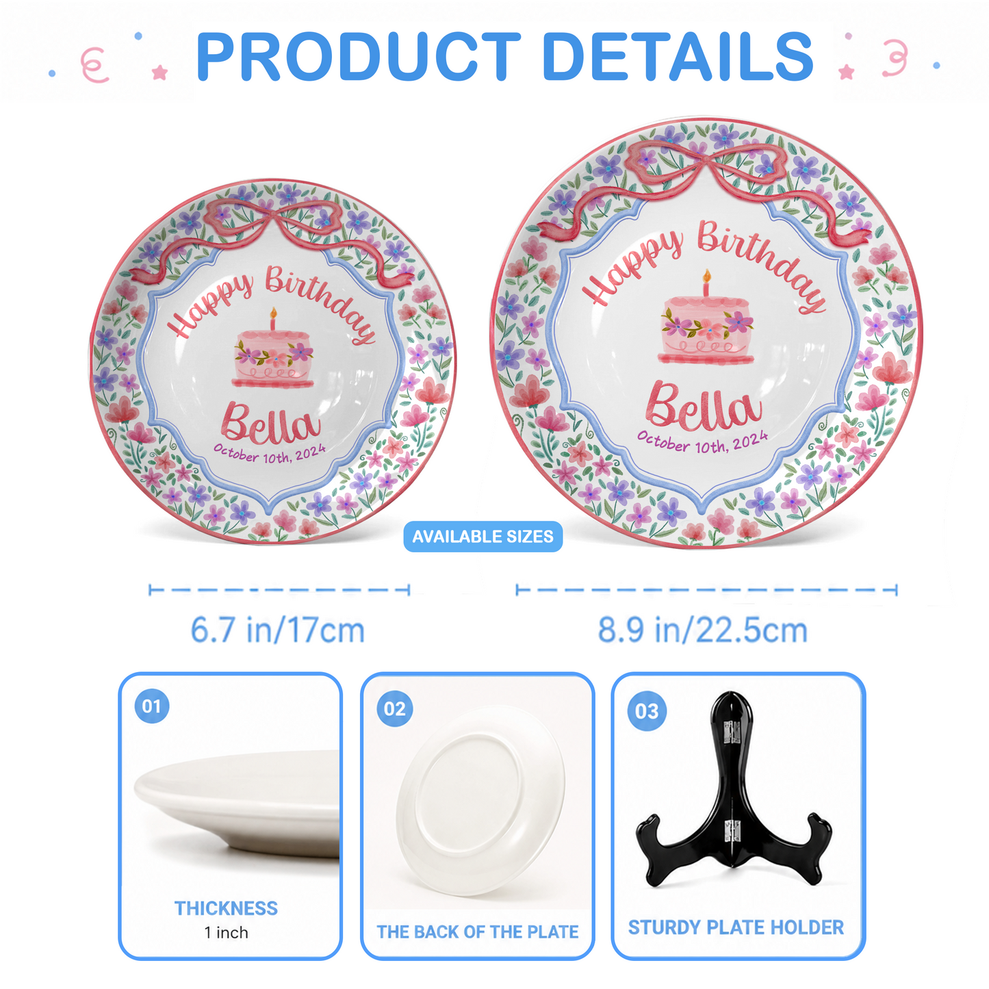 Elegant Floral Bow Birthday Personalized Birthday Plate for Girls P810XZY0