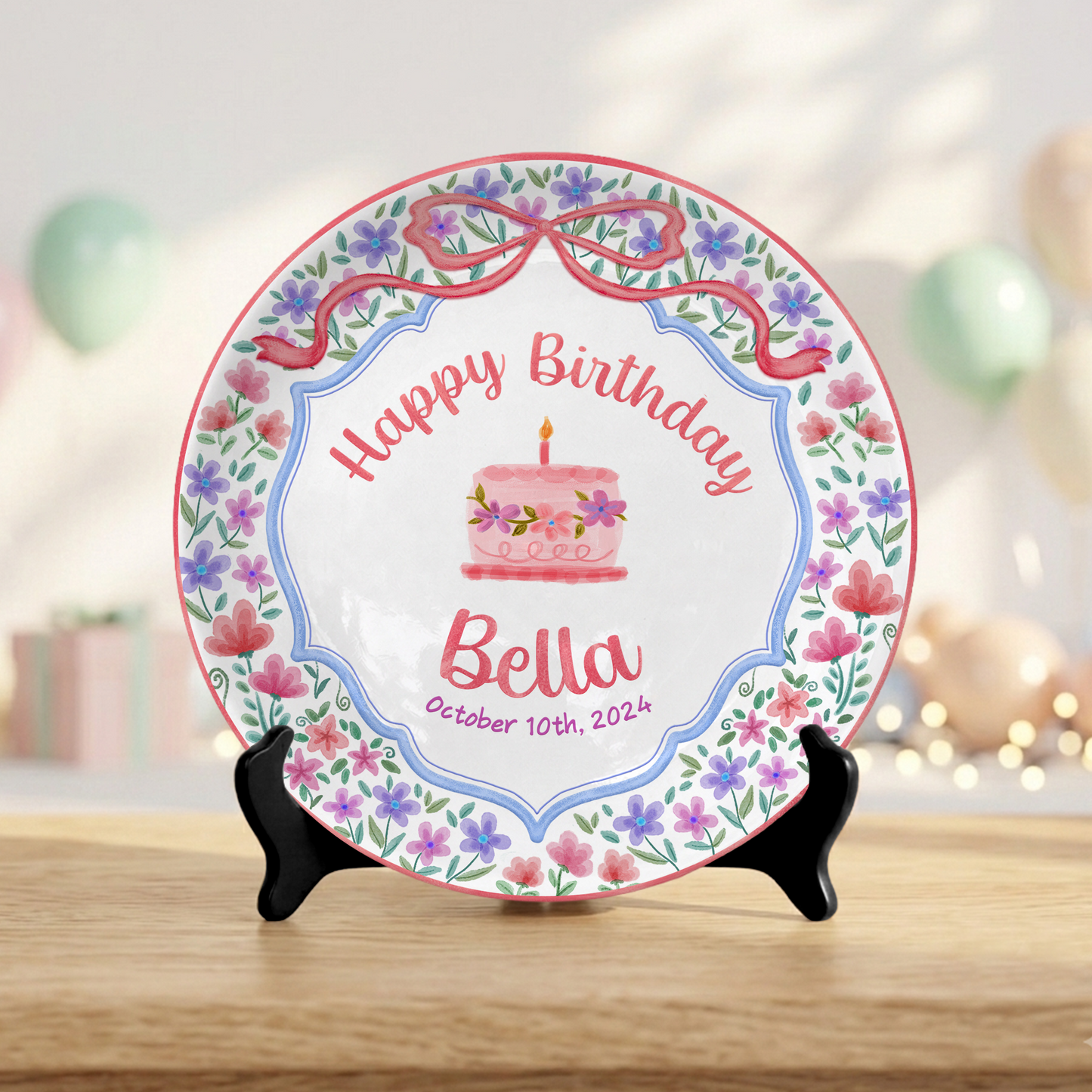 Elegant Floral Bow Birthday Personalized Birthday Plate for Girls P810XZY0