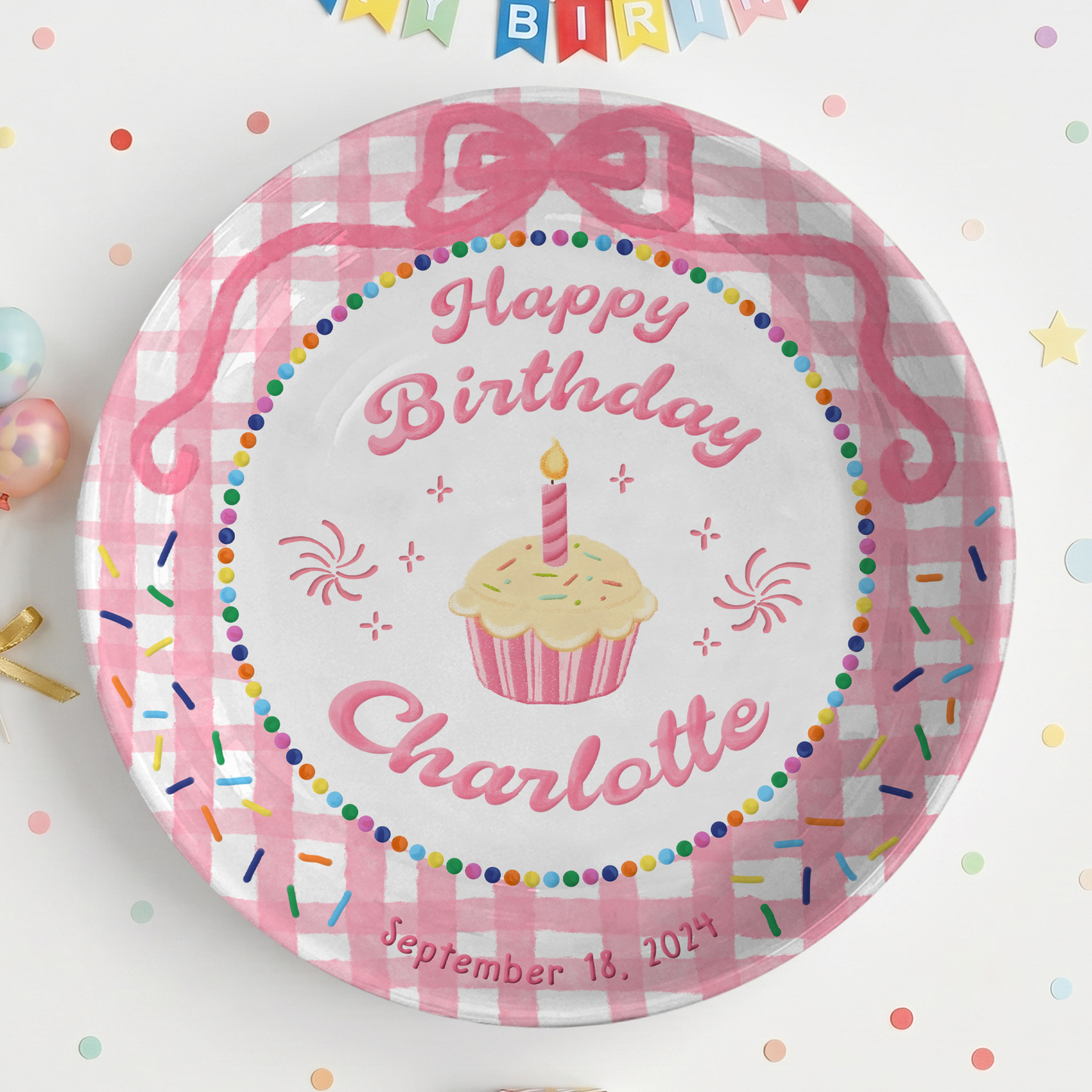 Pink Gingham Cupcake Rainbow Birthday Keepsake Personalized Birthday Plate Gift P710LJG0