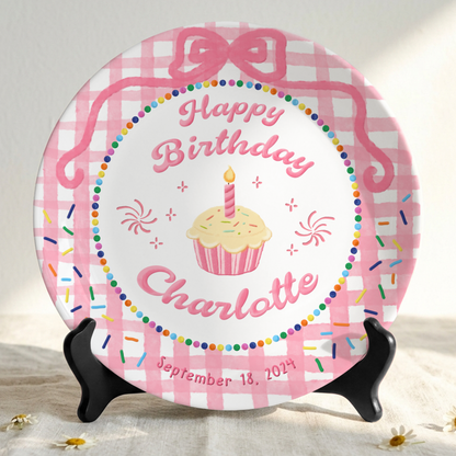 Pink Gingham Cupcake Rainbow Birthday Keepsake Personalized Birthday Plate Gift P710LJG0