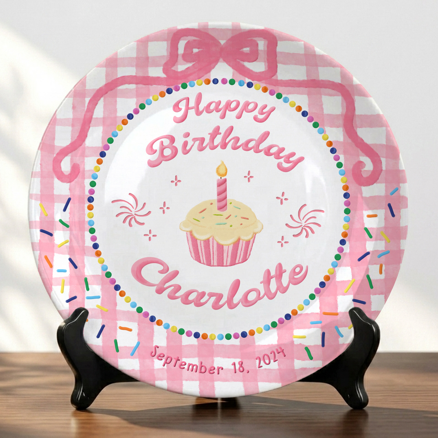 Pink Gingham Cupcake Rainbow Birthday Keepsake Personalized Birthday Plate Gift P710LJG0