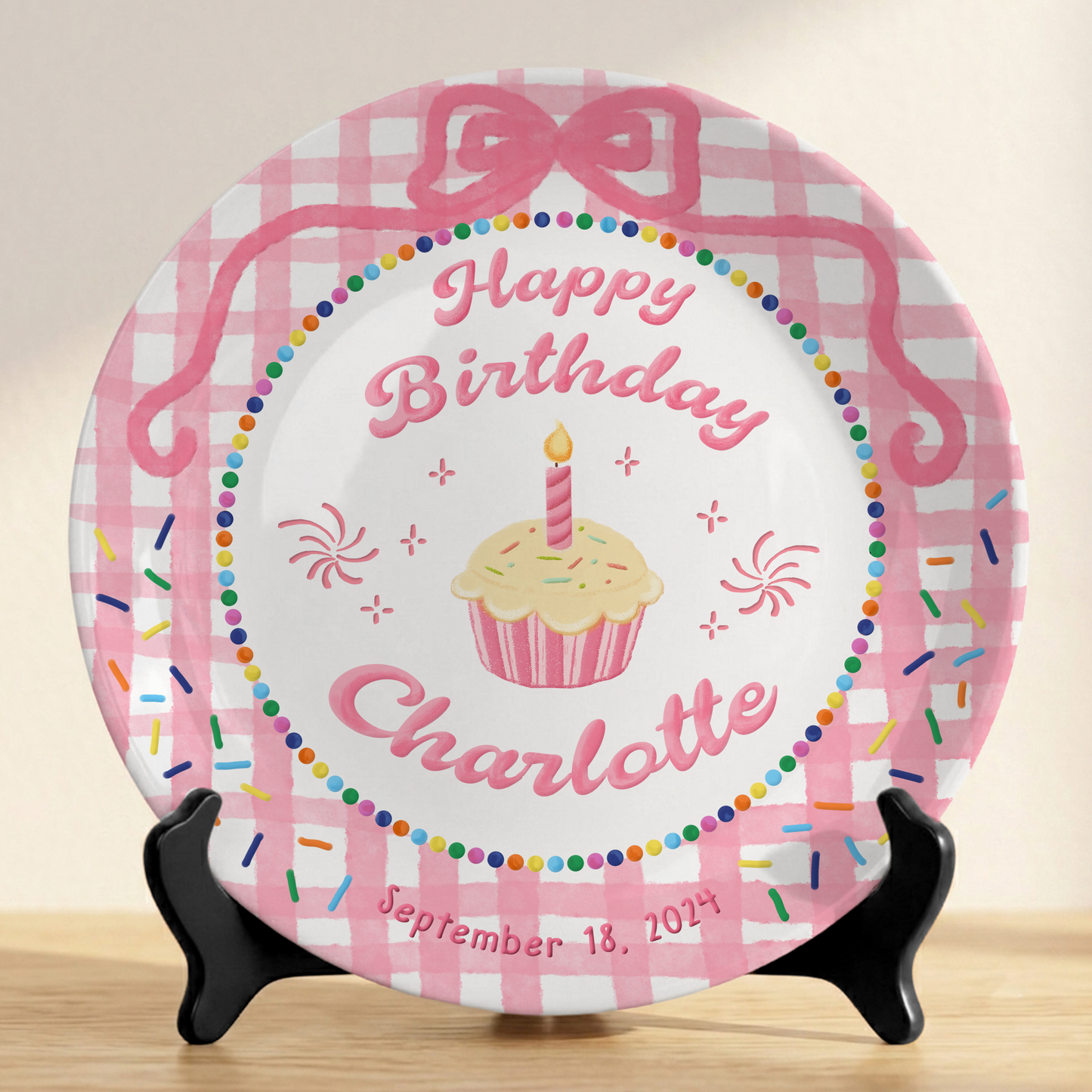Pink Gingham Cupcake Rainbow Birthday Keepsake Personalized Birthday Plate Gift P710LJG0