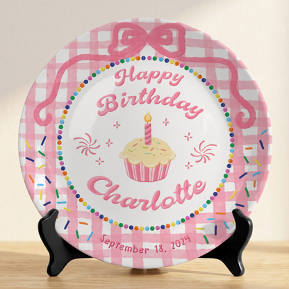 Pink Gingham Cupcake Rainbow Birthday Keepsake Personalized Birthday Plate Gift P710LJG0