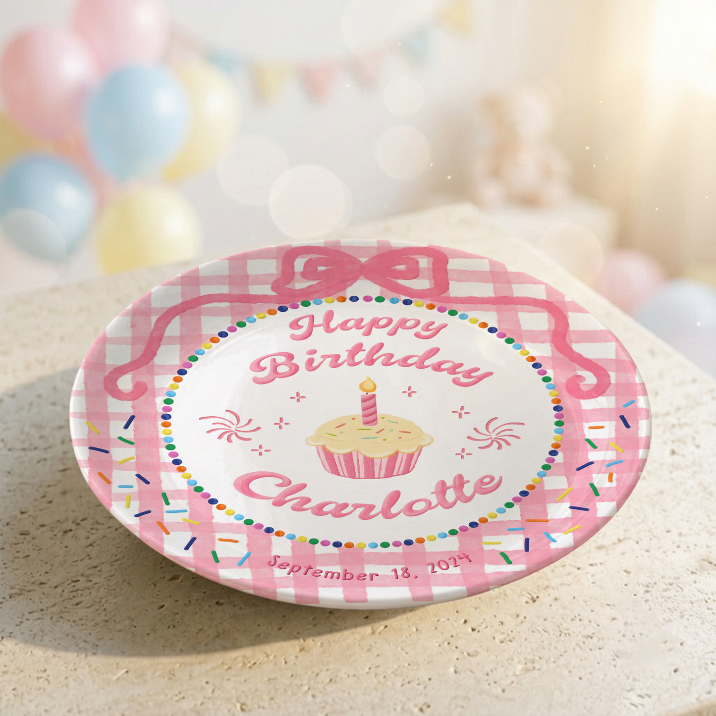 Pink Gingham Cupcake Rainbow Birthday Keepsake Personalized Birthday Plate Gift P710LJG0