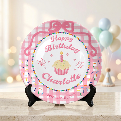 Pink Gingham Cupcake Rainbow Birthday Keepsake Personalized Birthday Plate Gift P710LJG0