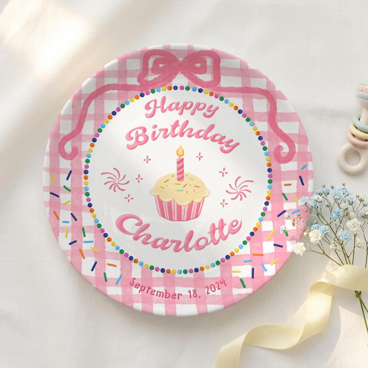 Pink Gingham Cupcake Rainbow Birthday Keepsake Personalized Birthday Plate Gift P710LJG0