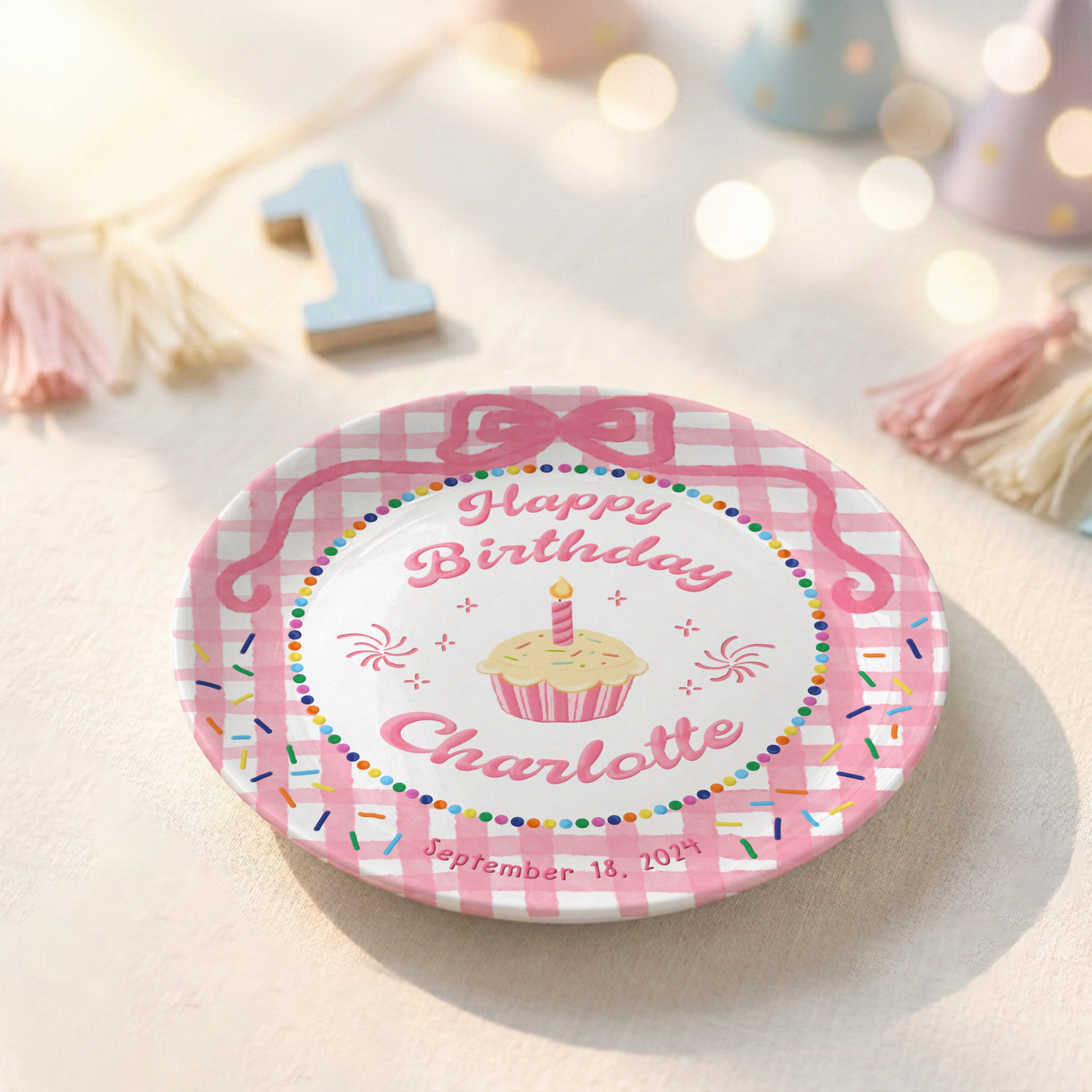 Pink Gingham Cupcake Rainbow Birthday Keepsake Personalized Birthday Plate Gift P710LJG0