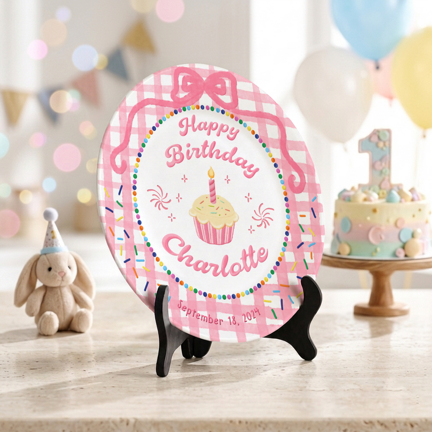 Pink Gingham Cupcake Rainbow Birthday Keepsake Personalized Birthday Plate Gift P710LJG0