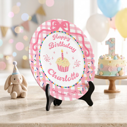 Pink Gingham Cupcake Rainbow Birthday Keepsake Personalized Birthday Plate Gift P710LJG0