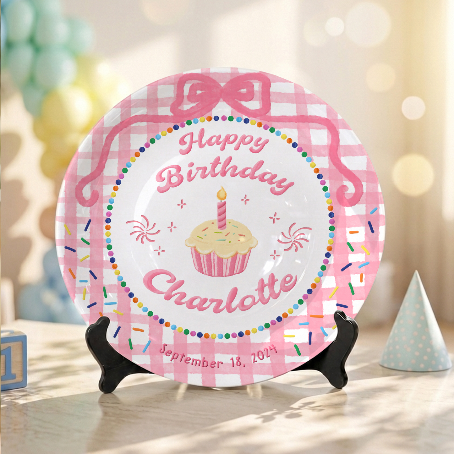 Pink Gingham Cupcake Rainbow Birthday Keepsake Personalized Birthday Plate Gift P710LJG0