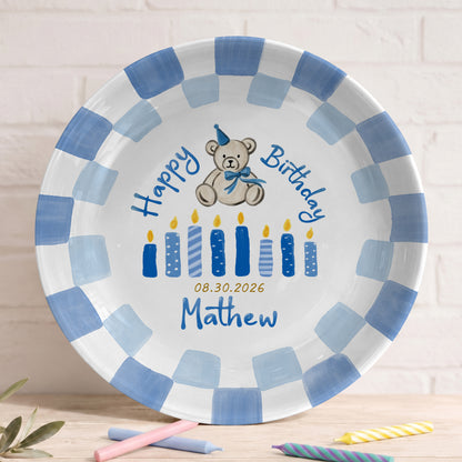 Blue Teddy Bear Birthday Cake Keepsake Personalized Birthday Plate For Kids Gift P713IUP0