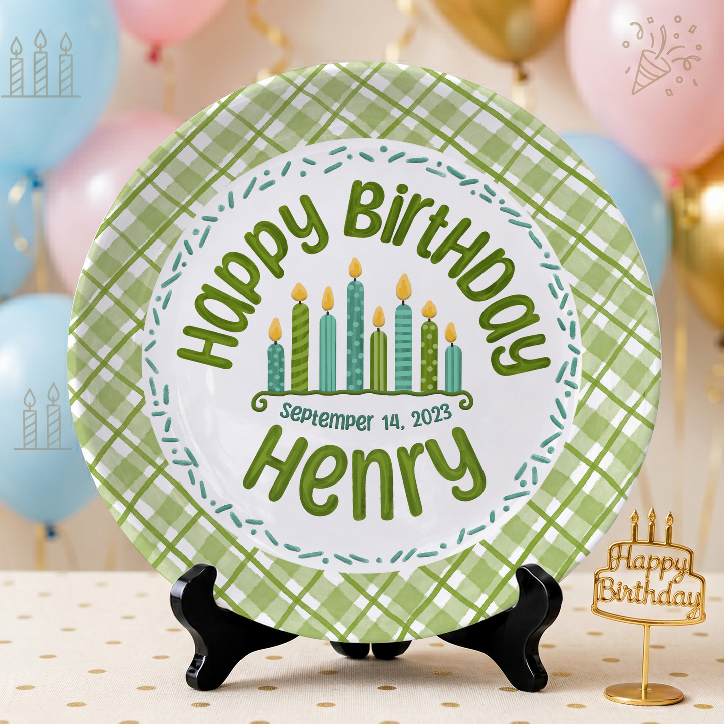 Green Gingham Cupcake Birthday Keepsake Personalized Birthday Plate P71WJP0