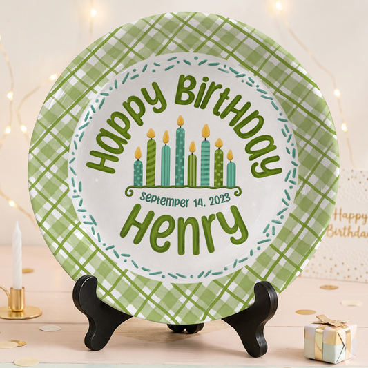 Green Gingham Cupcake Birthday Keepsake Personalized Birthday Plate P71WJP0