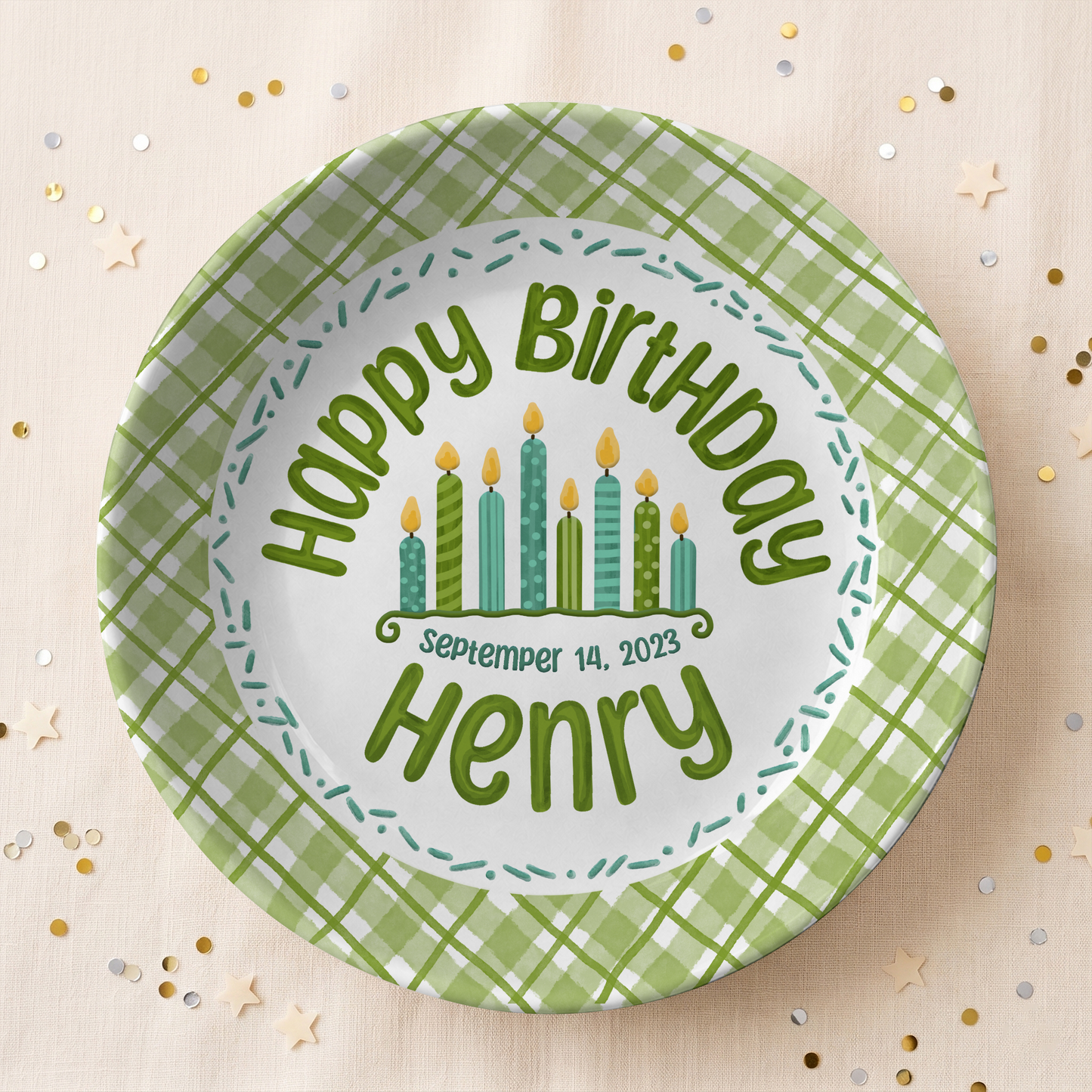 Green Gingham Cupcake Birthday Keepsake Personalized Birthday Plate P71WJP0