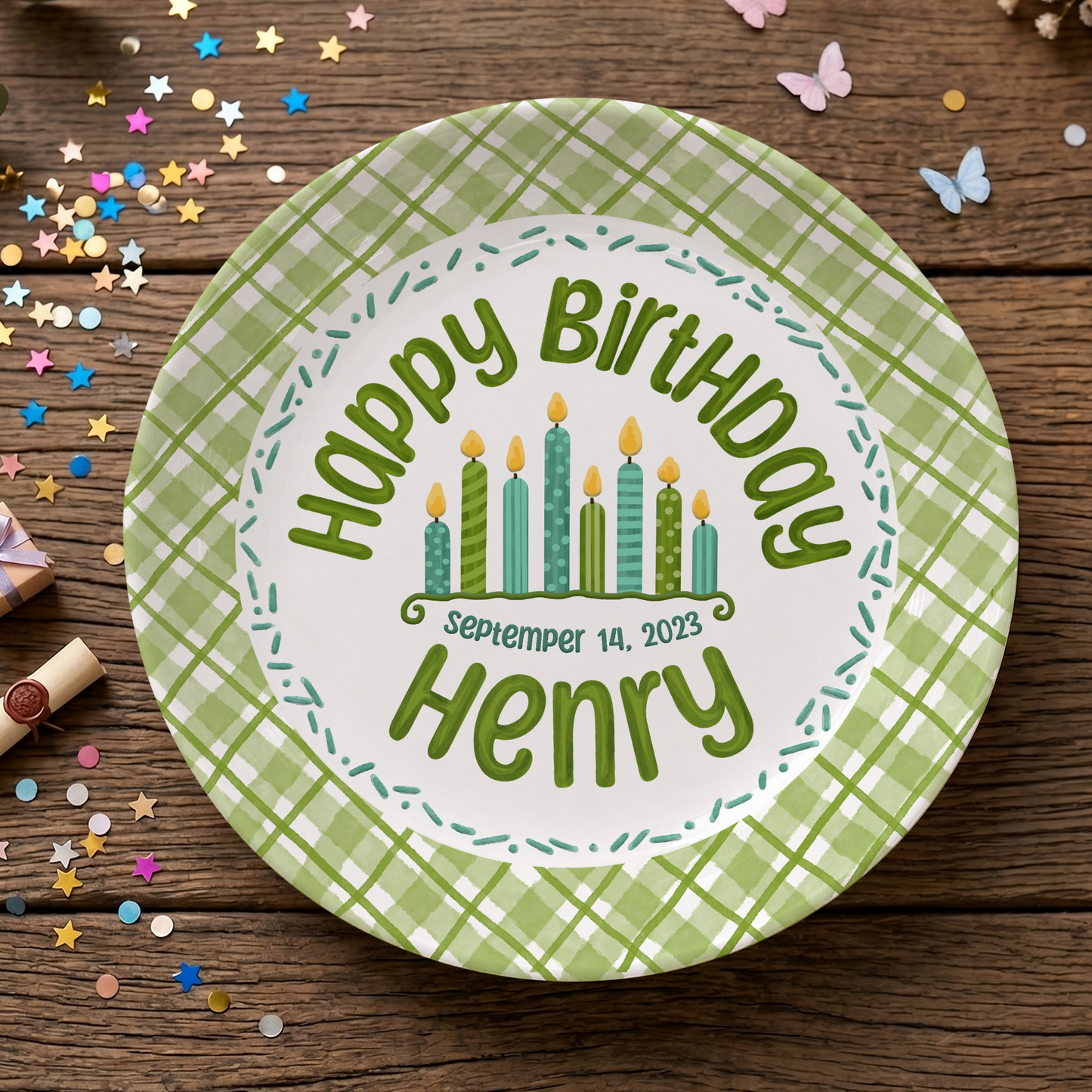 Green Gingham Cupcake Birthday Keepsake Personalized Birthday Plate P71WJP0