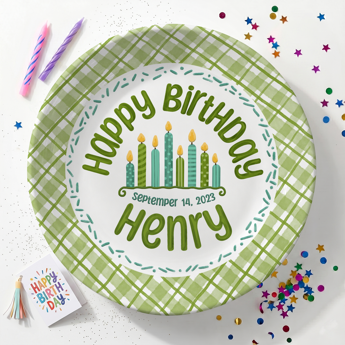 Green Gingham Cupcake Birthday Keepsake Personalized Birthday Plate P71WJP0