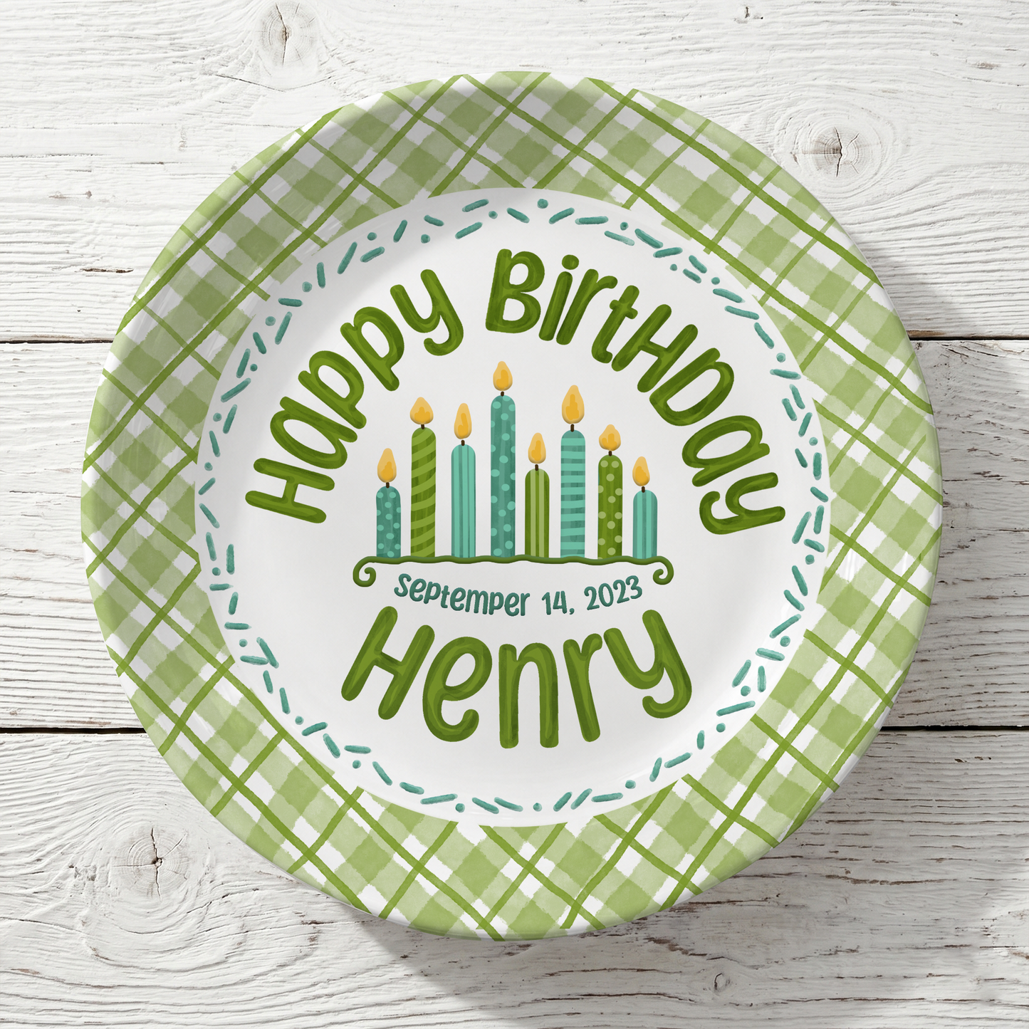 Green Gingham Cupcake Birthday Keepsake Personalized Birthday Plate P71WJP0