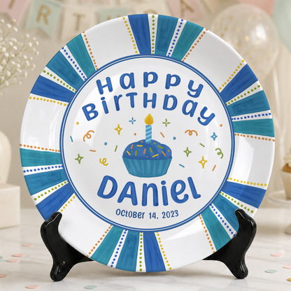 Blue Cupcake Birthday Keepsake Personalized Birthday Plate P72VHR0