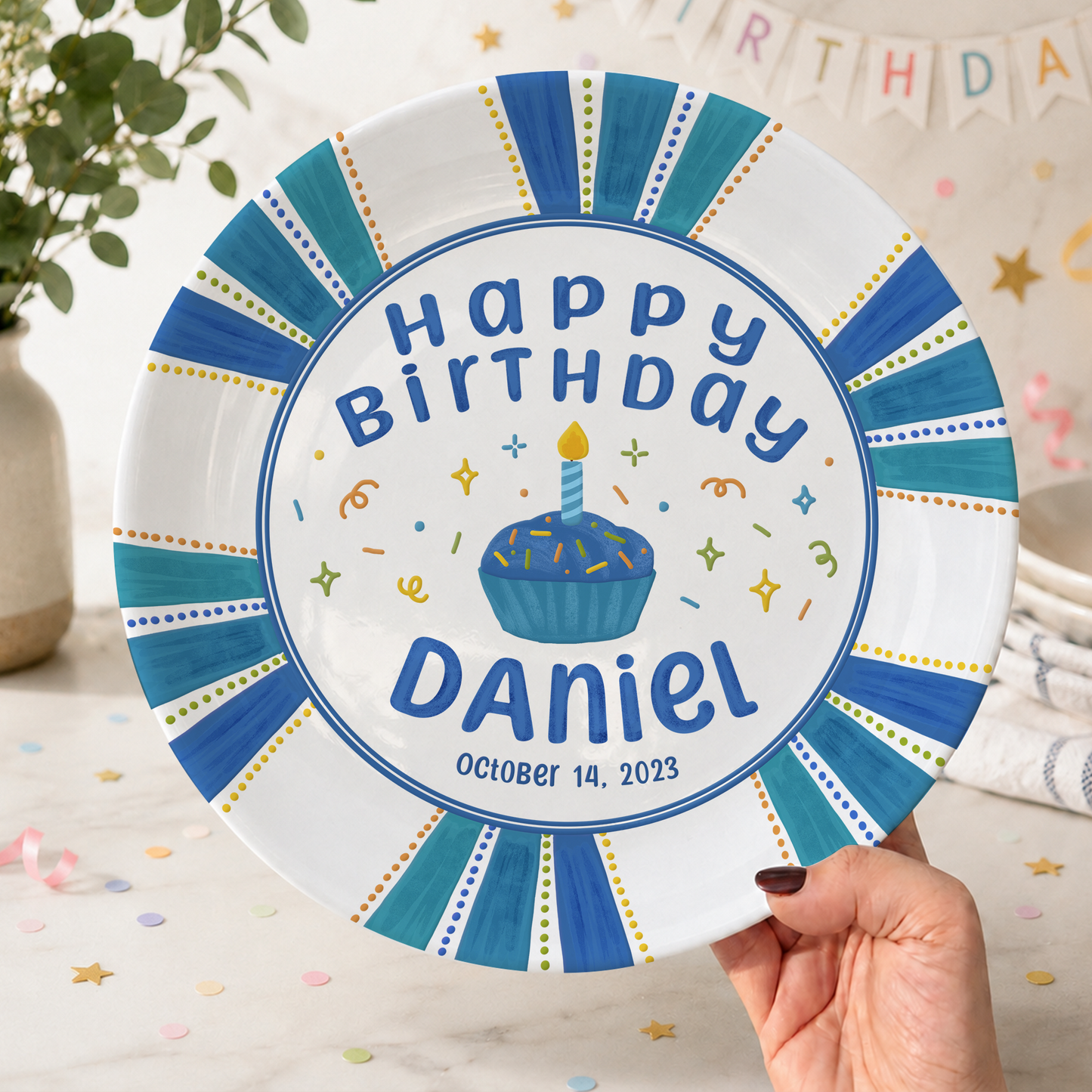 Blue Cupcake Birthday Keepsake Personalized Birthday Plate P72VHR0
